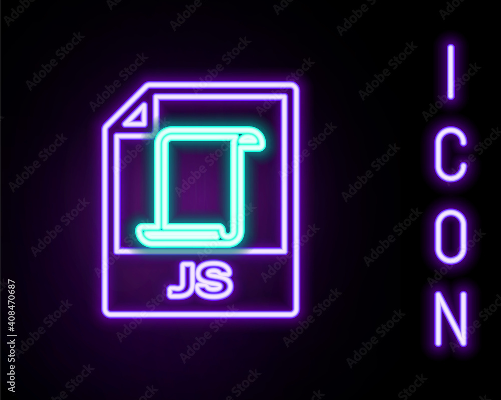 Glowing neon line JS file document. Download js button icon isolated on black background. JS file symbol. Colorful outline concept. Vector. Glowing neon line JS file document. Download js button icon isolated on black background. JS file symbol. Colorful outline concept. Vector.