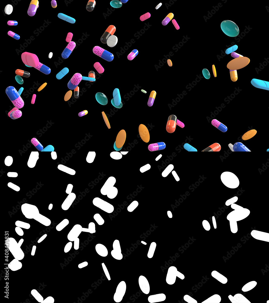 3D illustration of medicine pills flow with alpha layer 3D illustration of medicine pills flow with alpha layer
