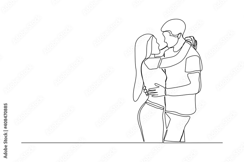 Continuous line drawing of romantic couple hug. Single one line art of young happy couple embracing Continuous line drawing of romantic couple hug. Single one line art of young happy couple embracing