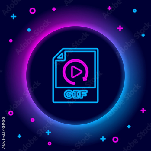 Glowing neon line GIF file document. Download gif button icon isolated on black background. GIF file symbol. Colorful outline concept. Vector.
