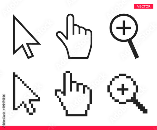 Black and white arrow, hand and magnifier mouse cursor icons vector illustration set flat style design isolated on gray background.
