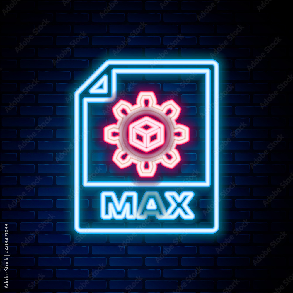 Glowing neon line MAX file document. Download max button icon isolated on brick wall background. MAX file symbol. Colorful outline concept. Vector. Glowing neon line MAX file document. Download max button icon isolated on brick wall background. MAX file symbol. Colorful outline concept. Vector.