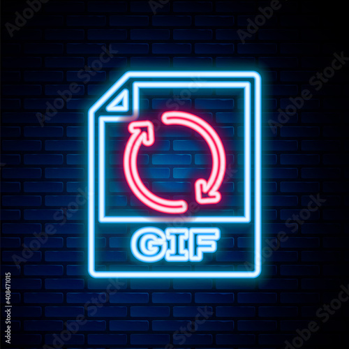 Glowing neon line GIF file document. Download gif button icon isolated on brick wall background. GIF file symbol. Colorful outline concept. Vector.