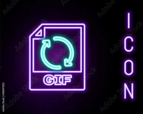 Glowing neon line GIF file document. Download gif button icon isolated on black background. GIF file symbol. Colorful outline concept. Vector.