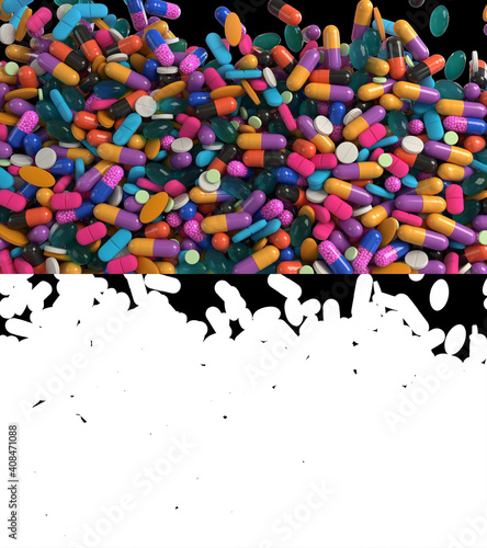 Fototapeta Naklejka Na Ścianę i Meble -  3D illustration of medicine pills flow with alpha layer