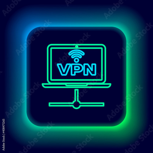 Glowing neon line VPN Computer network icon isolated on black background. Laptop network. Internet connection. Colorful outline concept. Vector.