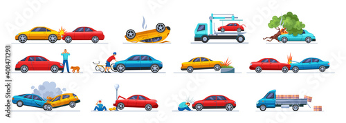 Road traffic accident. Car damaged vehicle transportation. Cyclist fell off bicycle colliding with car. Cargo spilled out of car. Collision hitting an people.