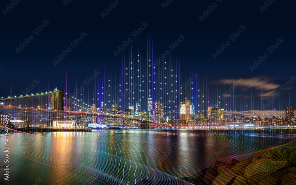 Fototapeta premium Smart City with particle glowing light connection design, Big data connection technology concept.