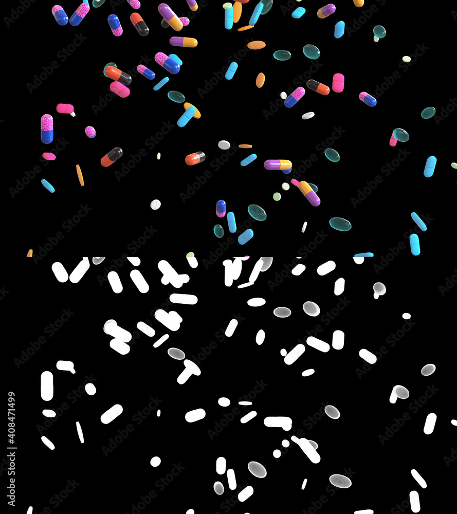3D illustration of medicine pills flow with alpha layer 3D illustration of medicine pills flow with alpha layer