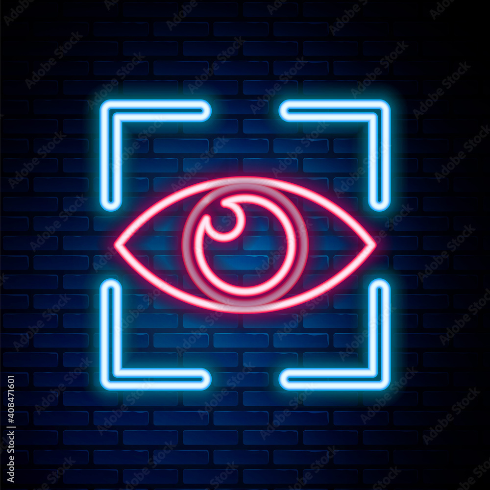 Glowing neon line Eye scan icon isolated on brick wall background. Scanning eye. Security check symbol. Cyber eye sign. Colorful outline concept. Vector. Glowing neon line Eye scan icon isolated on brick wall background. Scanning eye. Security check symbol. Cyber eye sign. Colorful outline concept. Vector.