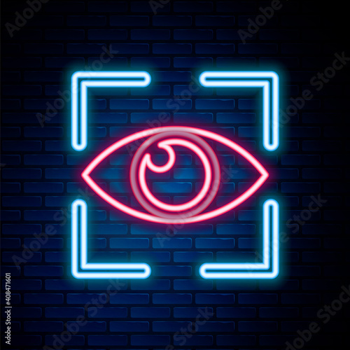 Glowing neon line Eye scan icon isolated on brick wall background. Scanning eye. Security check symbol. Cyber eye sign. Colorful outline concept. Vector.