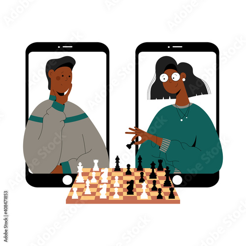 Two black people plays chess online. Man and woman competing in chess from their smartphones. Distant leisure activity concept vector illustration. Chess tournament at online chess club