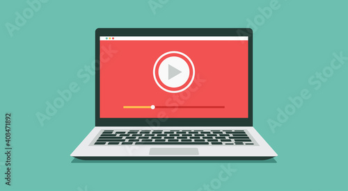watching video player on laptop computer, concept of webinar, business online training, education or e-learning concept, video tutorial, vector flat illustration