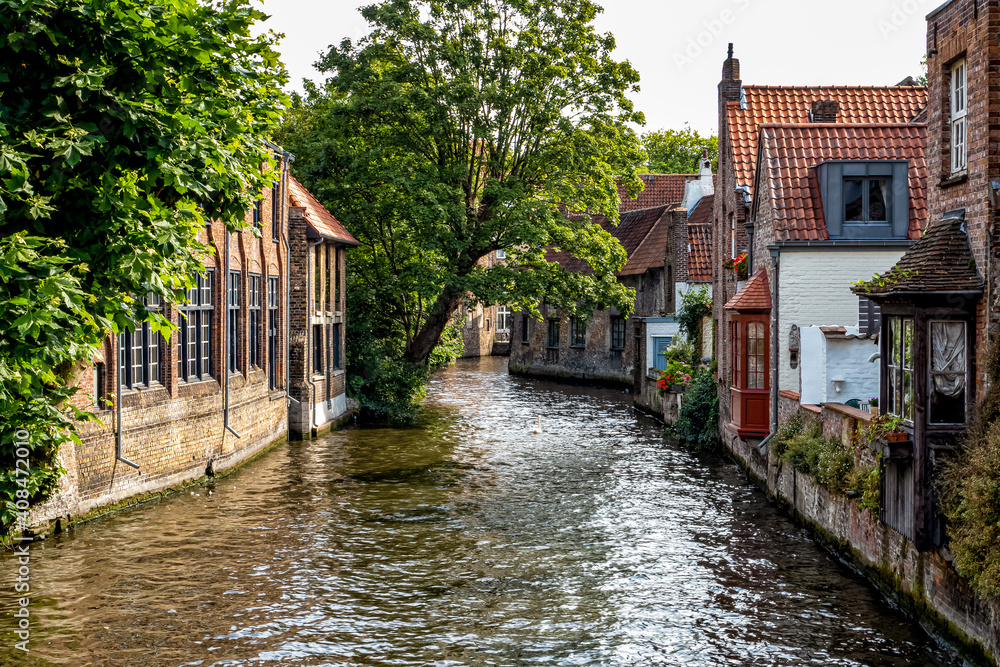 homes along a canal in medieval Bruges or Brugge, Belgium