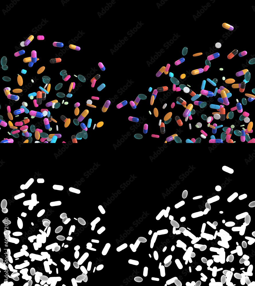 3D illustration of medicine pills flow with alpha layer 3D illustration of medicine pills flow with alpha layer