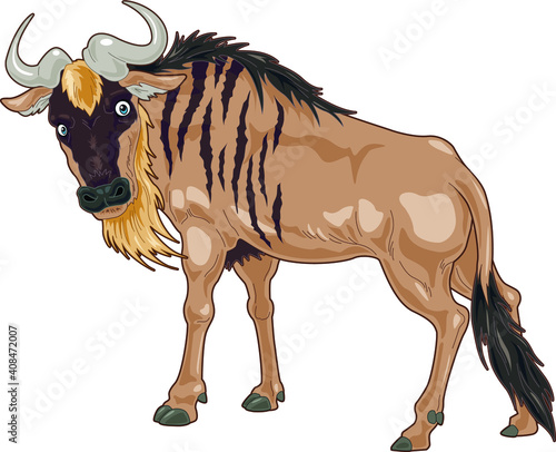 Wildebeest cartoon illustration with brownish body