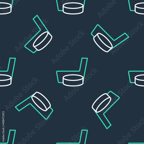 Line Ice hockey stick and puck icon isolated seamless pattern on black background. Vector.