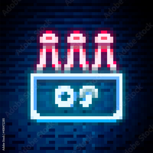 Glowing neon line Pack of beer bottles icon isolated on brick wall background. Case crate beer box sign. Colorful outline concept. Vector.
