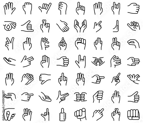 Hand gestures icons set. Outline set of hand gestures vector icons for web design isolated on white background