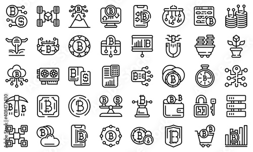 Cryptocurrency icons set. Outline set of cryptocurrency vector icons for web design isolated on white background