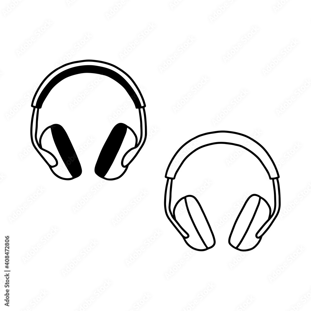 Outline headphones icon, doodle, black and white illustration. Vector Stock illustration. Outline headphones icon, doodle, black and white illustration. Vector Stock illustration.