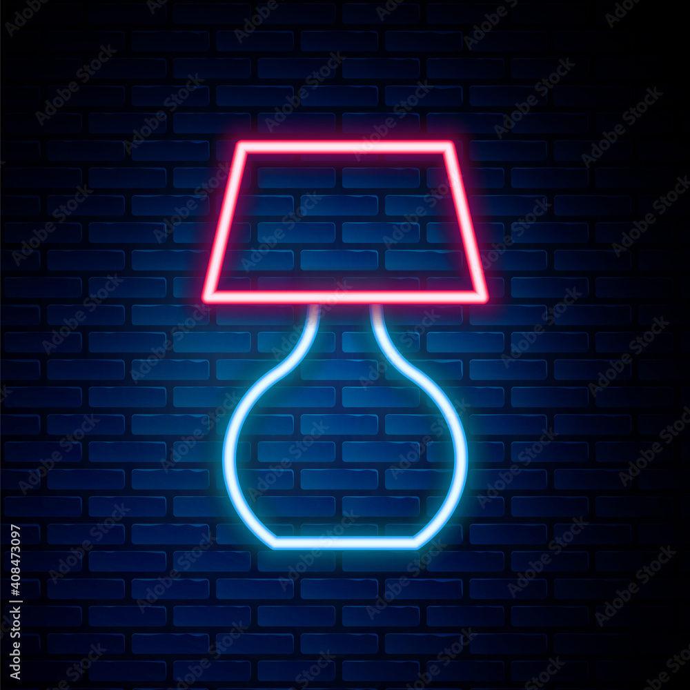 Glowing neon line Table lamp icon isolated on brick wall background. Desk lamp. Colorful outline concept. Vector. Glowing neon line Table lamp icon isolated on brick wall background. Desk lamp. Colorful outline concept. Vector.