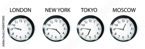 Time in different cities of the world. Time zones. Realistic black wall clock isolated on background. 3d vector illustration