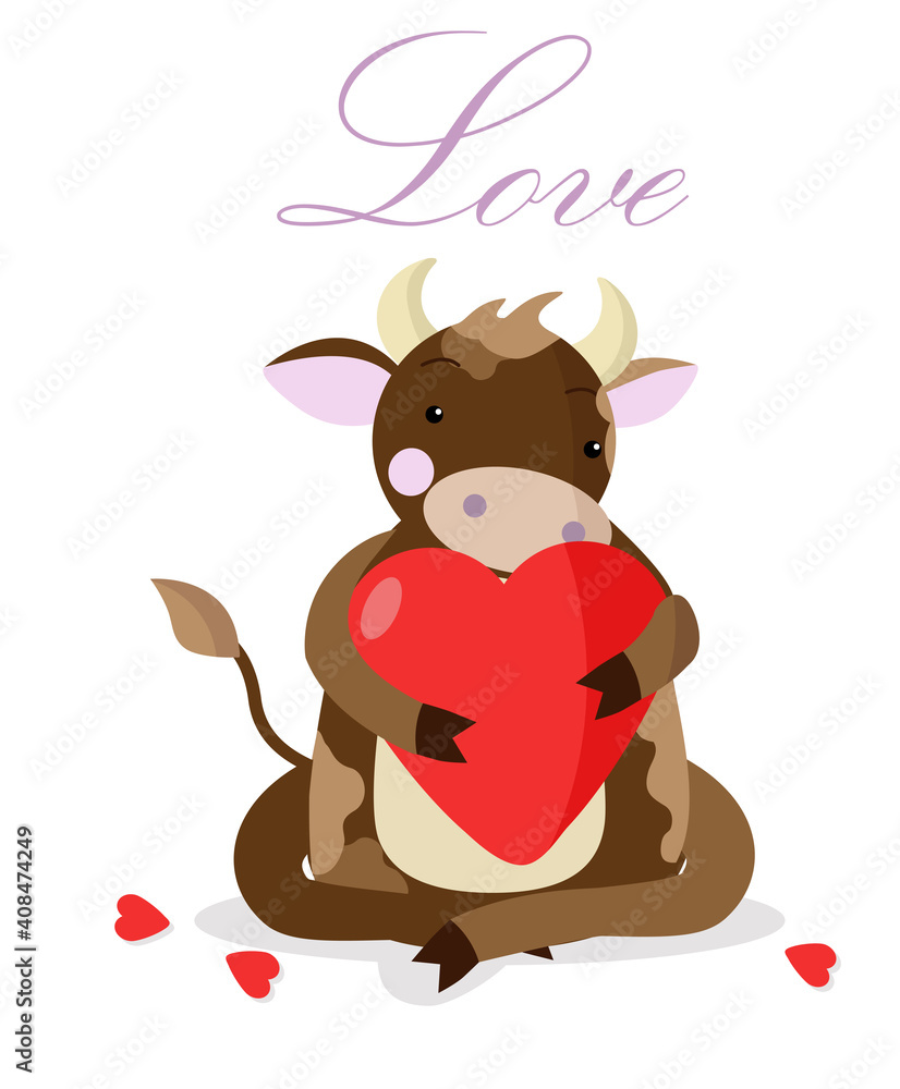 Fototapeta premium A bull in love with a big red heart and thrown paper hearts. Vector illustration on white background with cute character for Valentine's Day greeting card