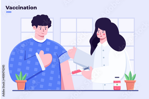 Flat illustration Vaccination of Covid-19 Coronavirus, Inject vaccine Covid-19, Doctor Giving a coronavirus vaccine to young man, inject Covid-19 vaccine with syringe in arm, First early vaccine.