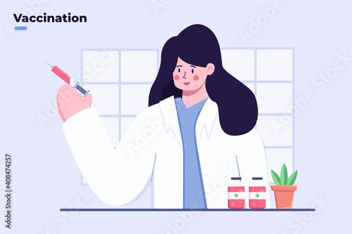 Flat illustration Doctor Bringing Covid-19 Coronavirus Vaccine with Syringe, Covid-19 vaccine Ready to use, Time to Vaccination, End of coronavirus pandemic, Covid-19 coronavirus medicine.