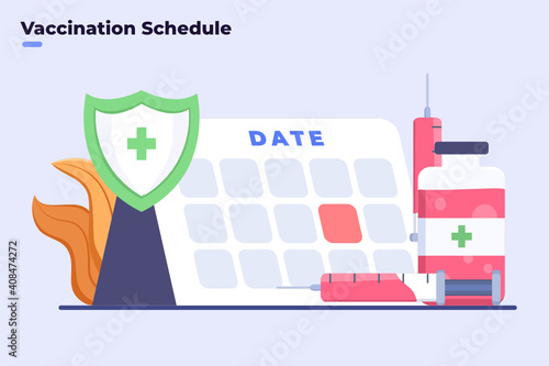 Flat illustration Covid-19 Coronavirus Vaccination Schedule Date, Time to vaccinate, Immunization schedule,  Disease prevention, Vaccination program plan, Syringe, Injection.