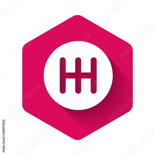 White Gear shifter icon isolated with long shadow background. Transmission icon. Pink hexagon button. Vector.
