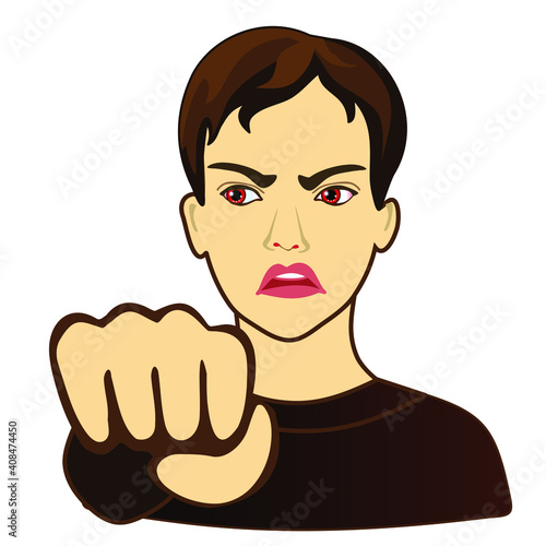 emoji with angry aggressive man who shows his fist as a warning, mad male person preparing to punch someone in the face, simple hand drawn emoticon, simplistic colorful picture