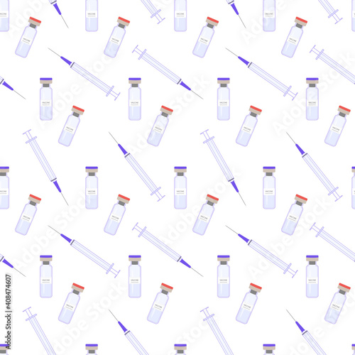 Medical ampoules and syringe. Seamless vector pattern on white background. Vaccine