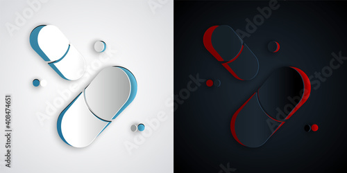 Paper cut Vitamin complex of pill capsule icon isolated on grey and black background. Healthy lifestyle. Paper art style. Vector.