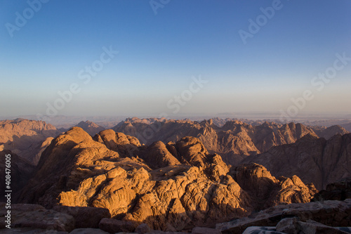 Sunrise at mount sinai summit. Road on which pilgrims climb the mountain of Moses. Egypt, Sinai, Mount Moses