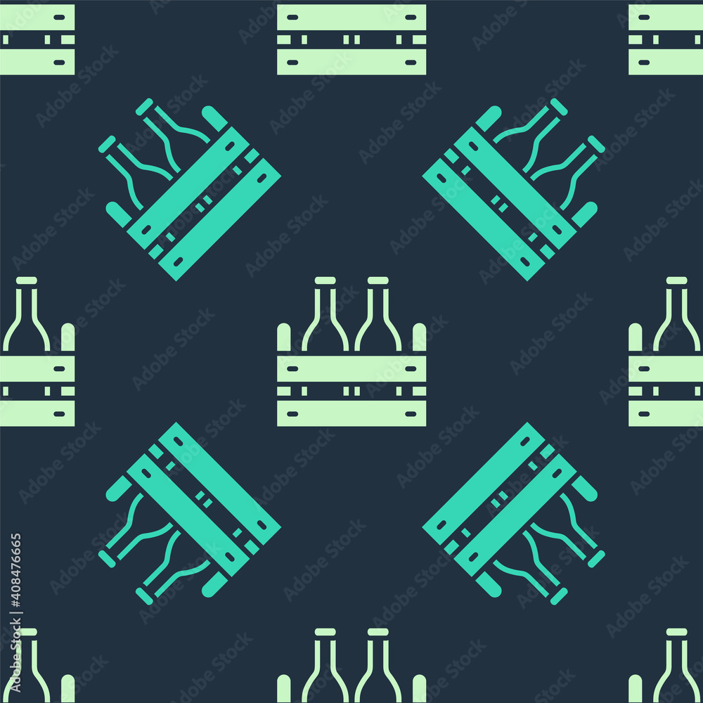 Green and beige Pack of beer bottles icon isolated seamless pattern on blue background. Wooden box and beer bottles. Case crate beer box sign. Vector.