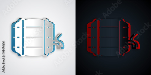 Paper cut Wooden barrel on rack with stopcock icon isolated on grey and black background. Paper art style. Vector.