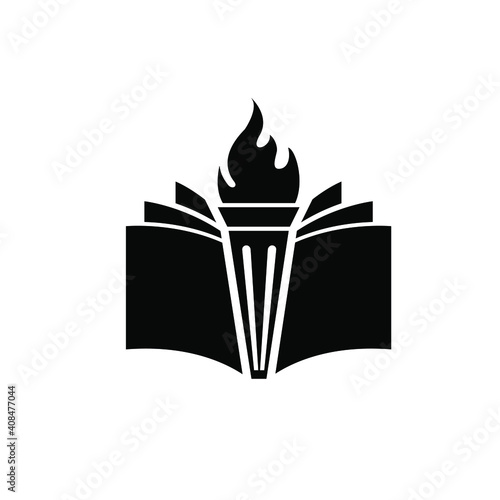 Book with fiery torch concept university education or library emblem, icon web, vector logo illustration design
