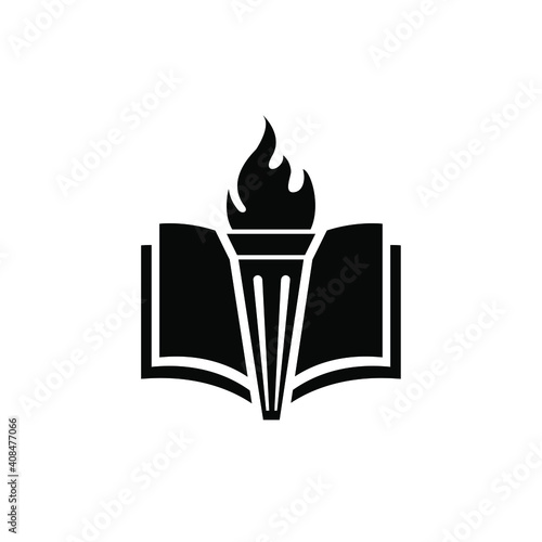 Book with fiery torch concept university education or library emblem, icon web, vector logo illustration design