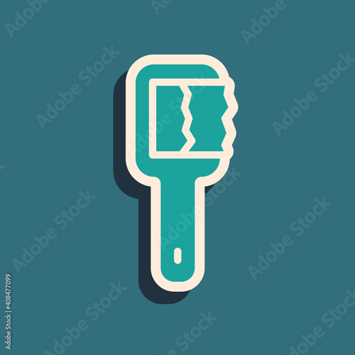 Green Sauna brush icon isolated on green background. Wooden brush with coarse bristles for washing in the bath. Anti cellulite massage. Long shadow style. Vector.