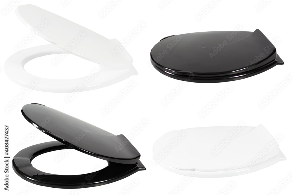 Set of photos of toilet seat in black and white color isolated on a white background Set of photos of toilet seat in black and white color isolated on a white background