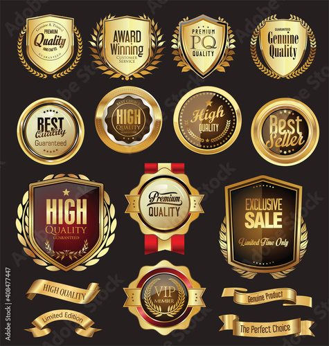 Collection of golden badges labels and tags 