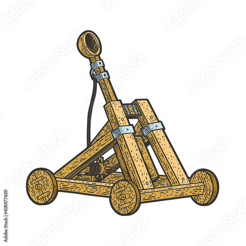 Catapult antique medieval ballistic device color sketch engraving vector illustration. T-shirt apparel print design. Scratch board imitation. Black and white hand drawn image.