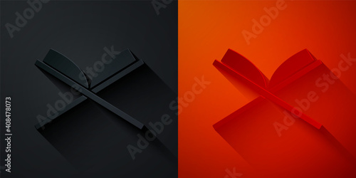 Paper cut Holy book of Koran icon isolated on black and red background. Muslim holiday, Eid Mubarak, Eid al-fitr, Ramadan Kareem. Paper art style. Vector.