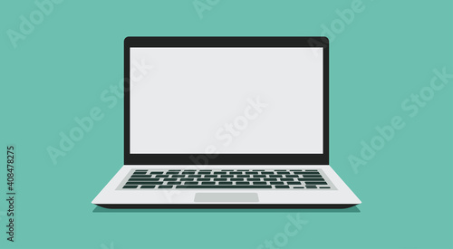 laptop computer with white blank empty display screen for copy space and text on workplace, vector flat illustration