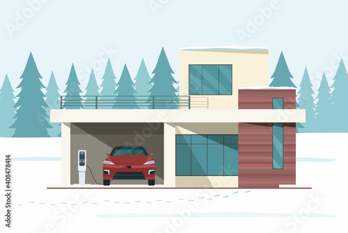 Modern house and electric car on charging against the background of a winter snowy forest landscape. Vector flat illustration.