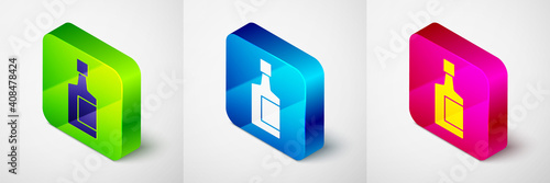 Isometric Tequila bottle icon isolated on grey background. Mexican alcohol drink. Square button. Vector.