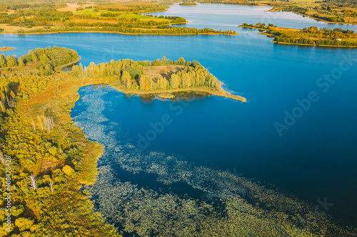 Braslaw District, Vitebsk Voblast, Belarus. Aerial View Of Ikazn Lake, Green Forest Landscape. Top View Of Beautiful European Nature From High Attitude. Bird's Eye View. Famous Lakes