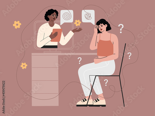 Online psychological session with a sad patient concept. Girl sits at the computer and talking with a psychologist, counseling with faceless depressed girl by conference. Trendy vector illustration